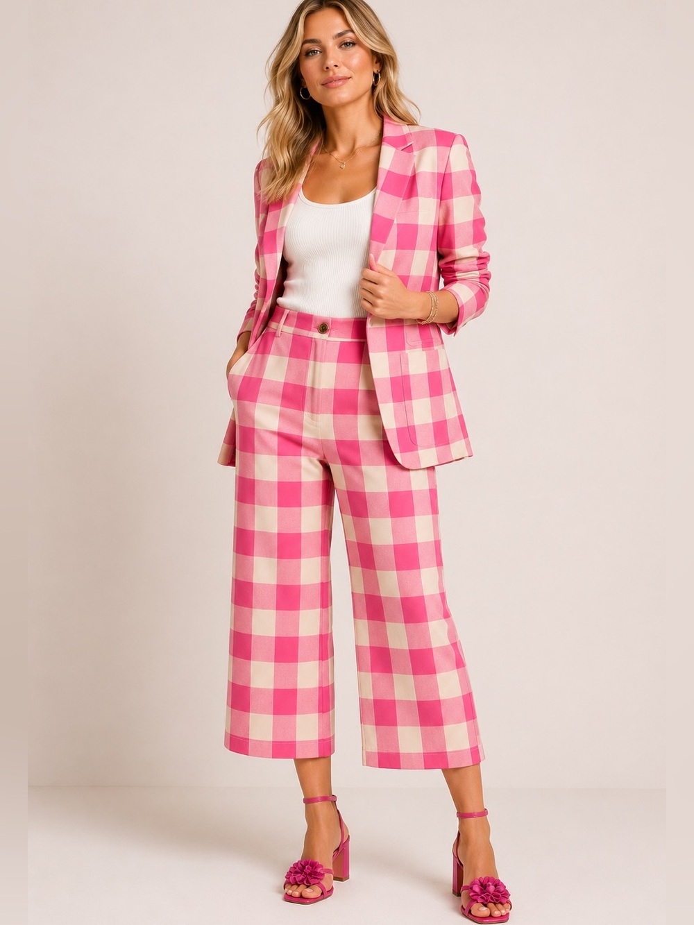 Pink Gingham Wide-Leg Cropped Pants